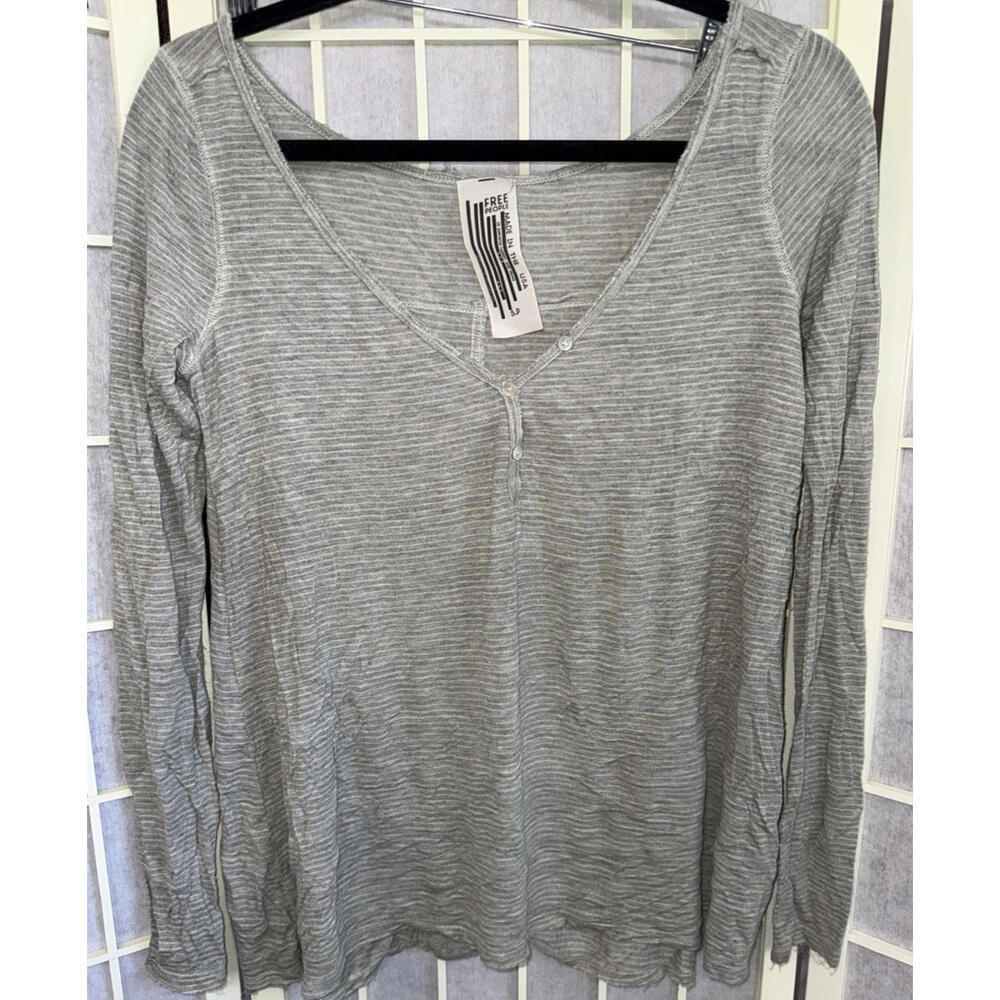 Free People Beach Boho Striped Oversized Dusty Sage Gauze Henley  Long Sleeve Sm